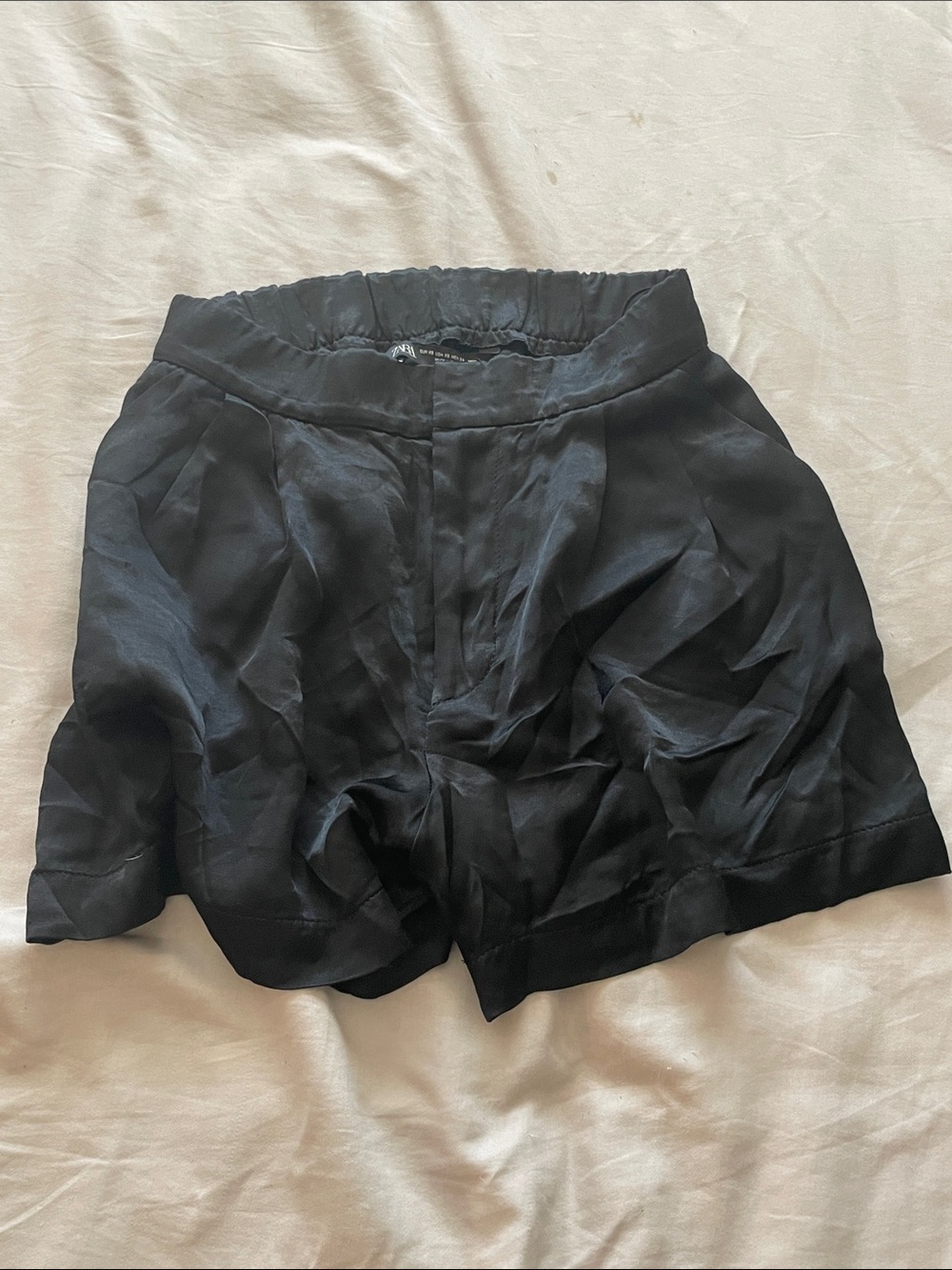 Zara Black High-Waist Pleated Satin-Look Shorts